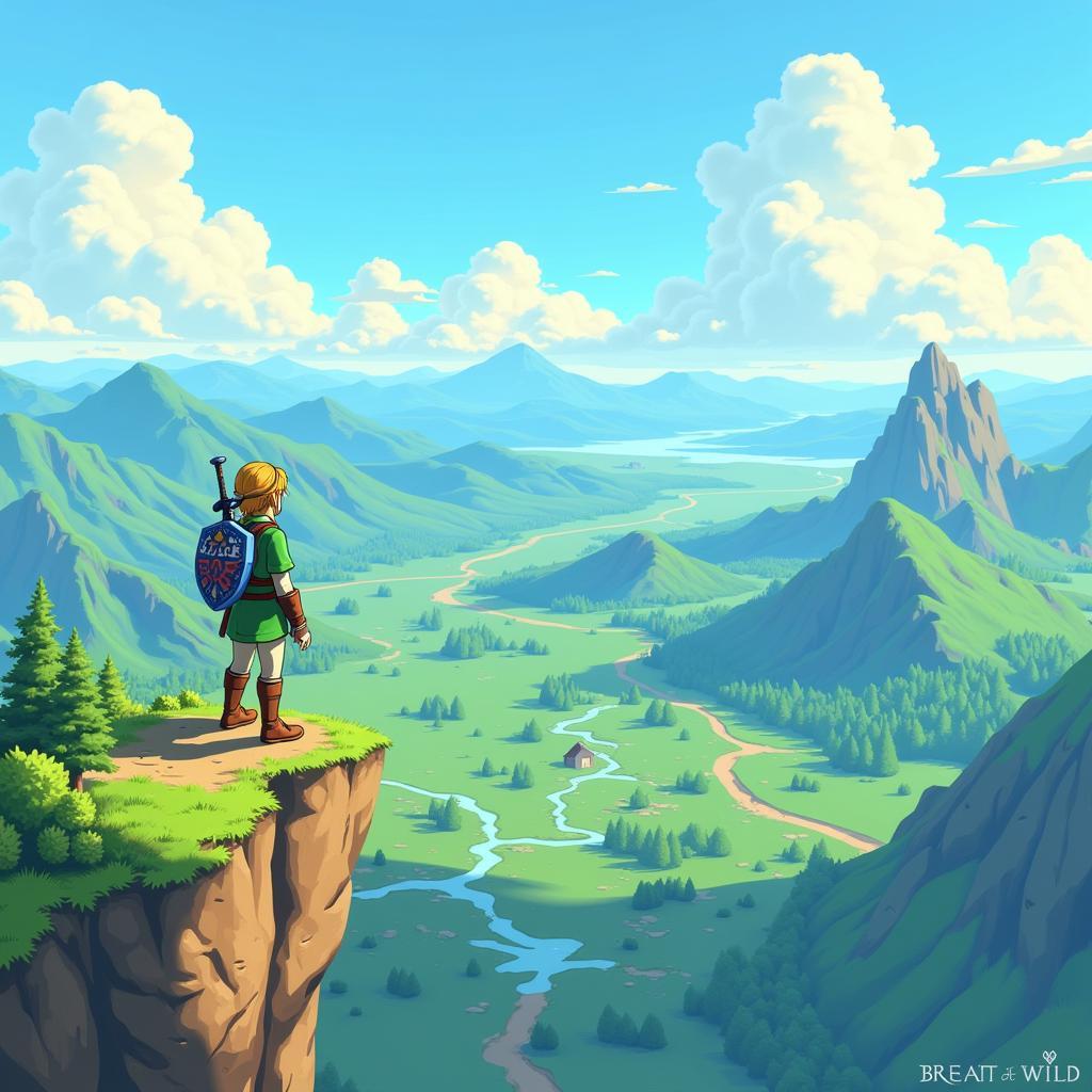 Link overlooking Hyrule's landscape in Breath of the Wild