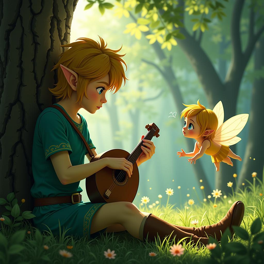 Link playing the Ocarina of Time, surrounded by Navi and forest scenery