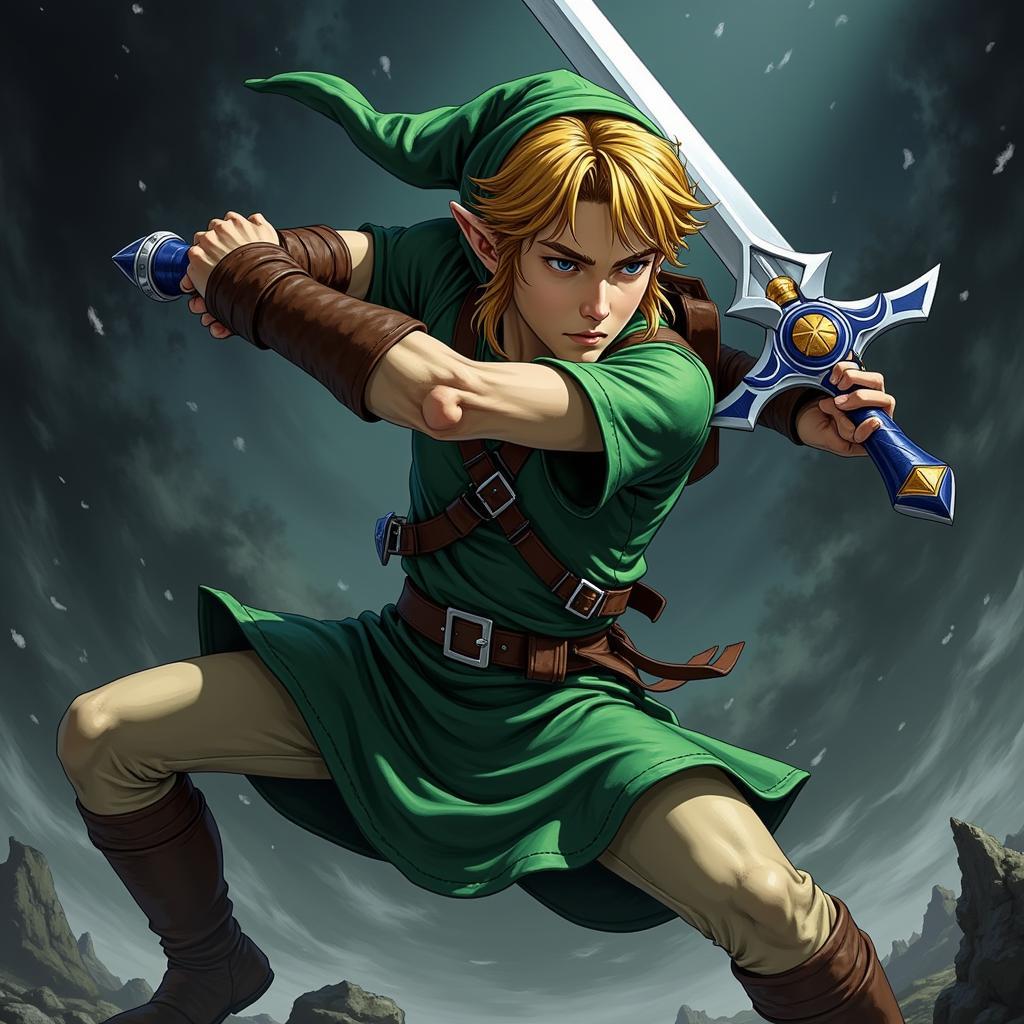 Link in a dynamic pose from Twilight Princess, wielding his sword