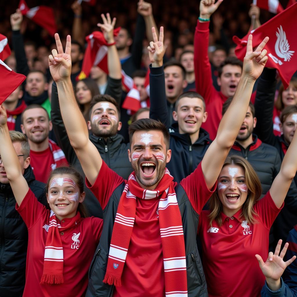 Liverpool Fans Celebrating a Goal Together