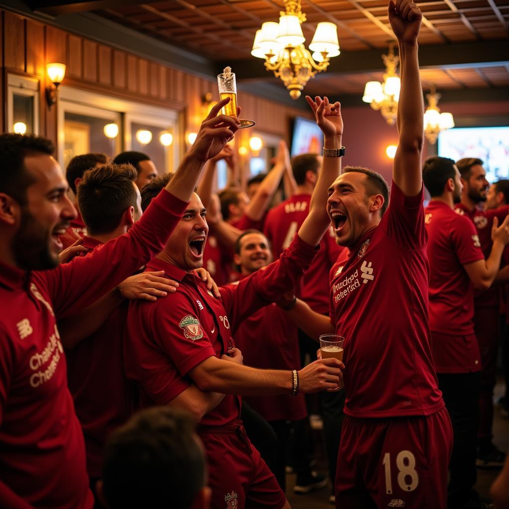 Liverpool fans celebrating a goal in a pub