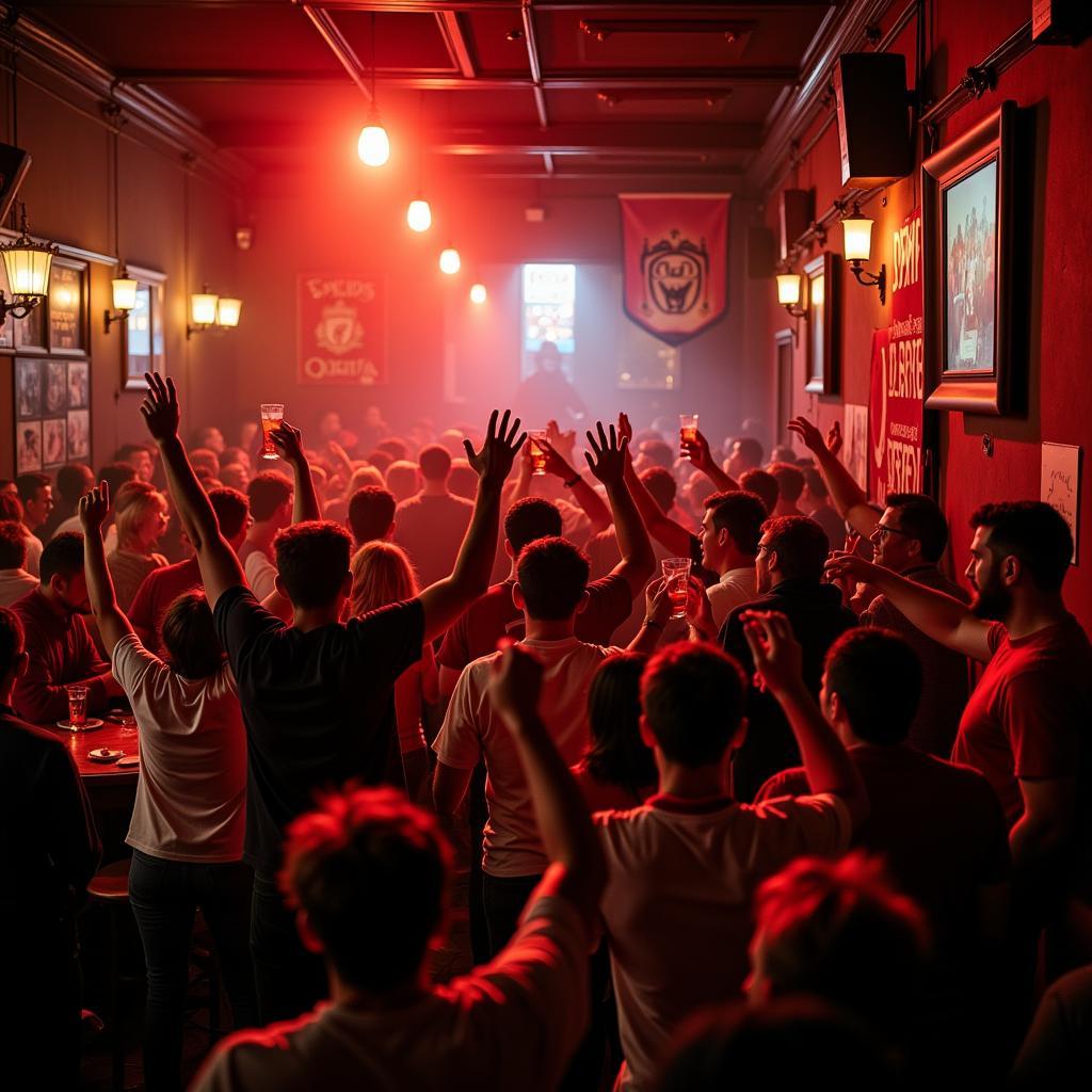 Liverpool fans celebrating in a Rome pub.