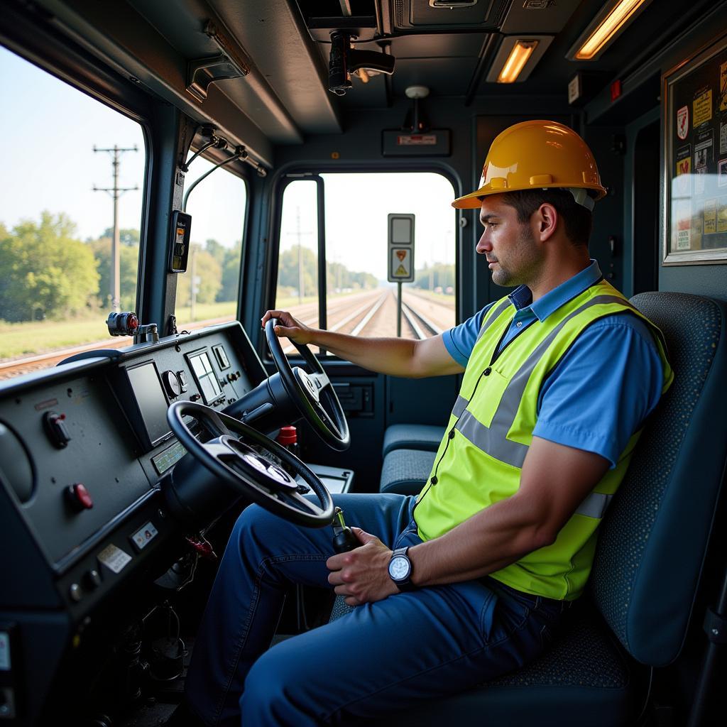 A Locomotive Engineer Operating a Train in the Cab with a Visible Cab Fan