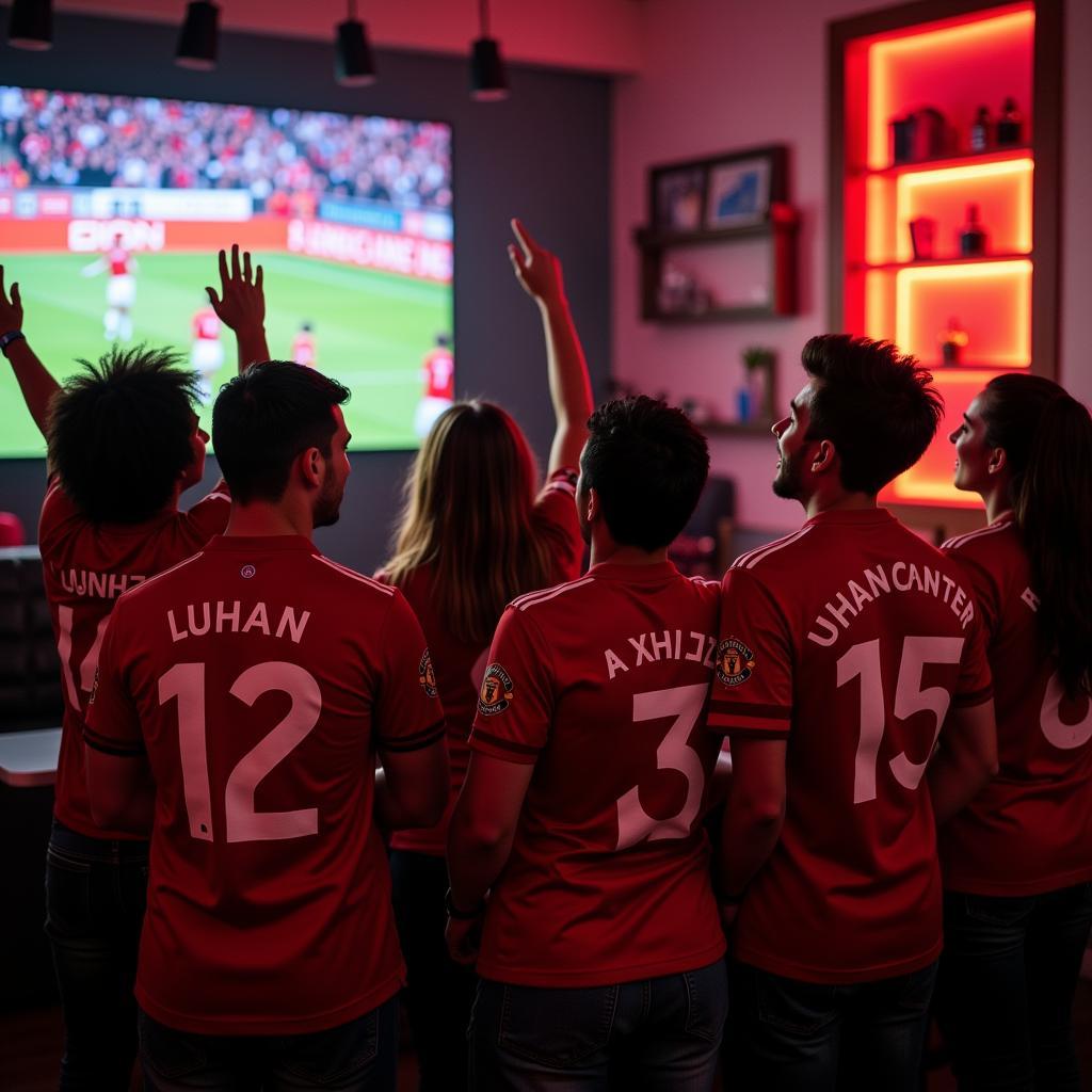 Luhan fans gathering to watch a football match together, wearing Manchester United jerseys.