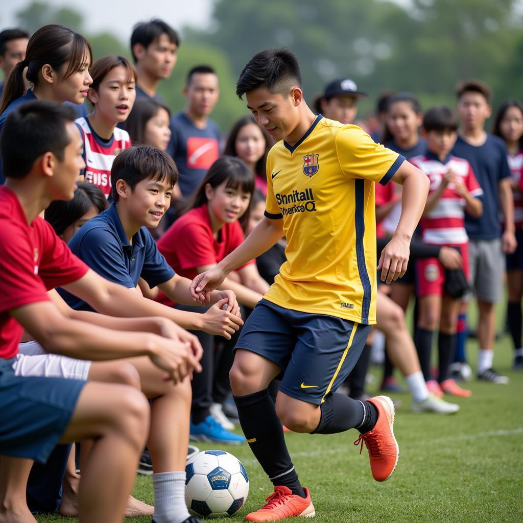 Luhan playing football with his fans at a charity event.