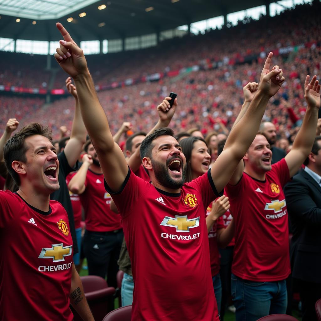 Manchester United fans celebrating a victorious match