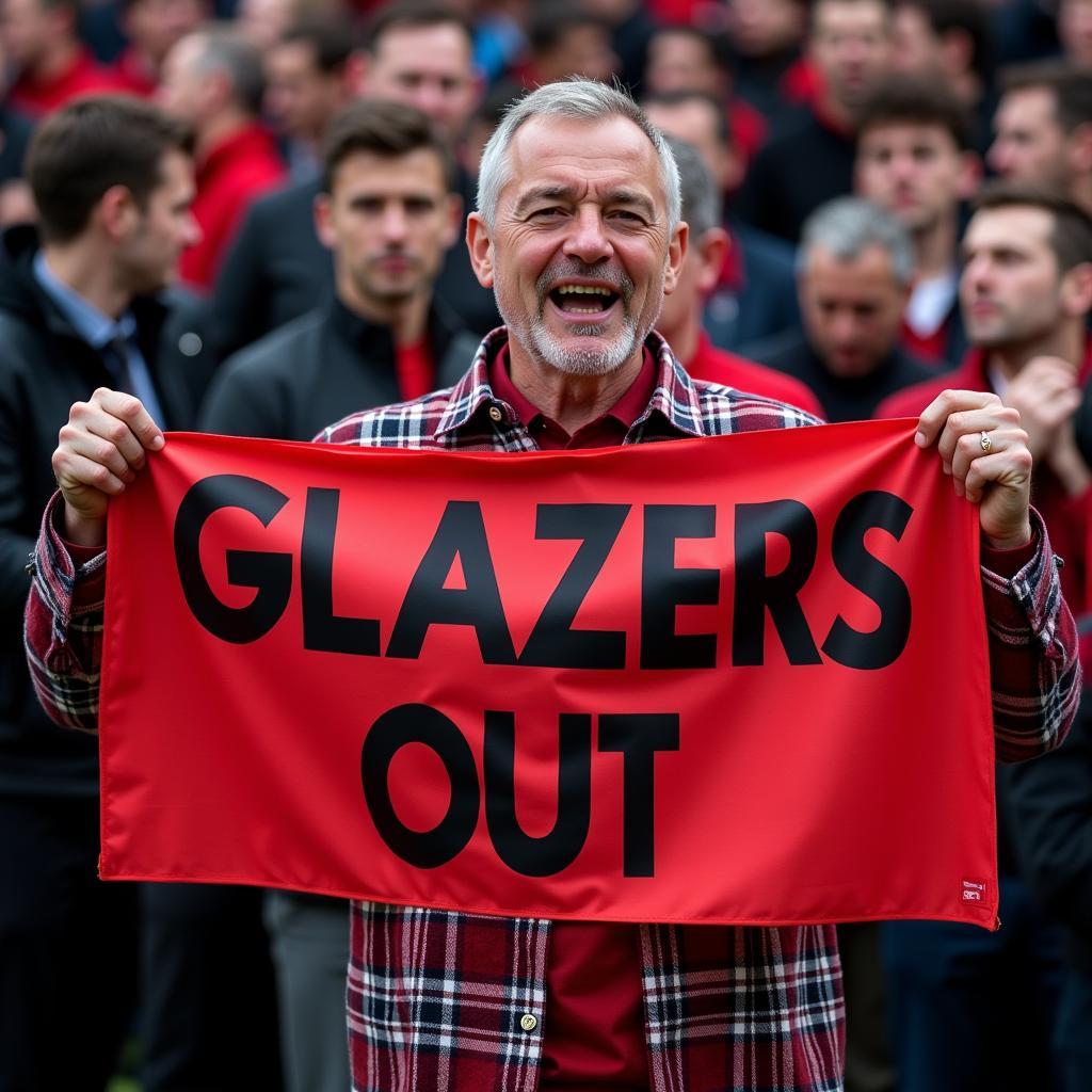 Man Utd fan holds a protest banner