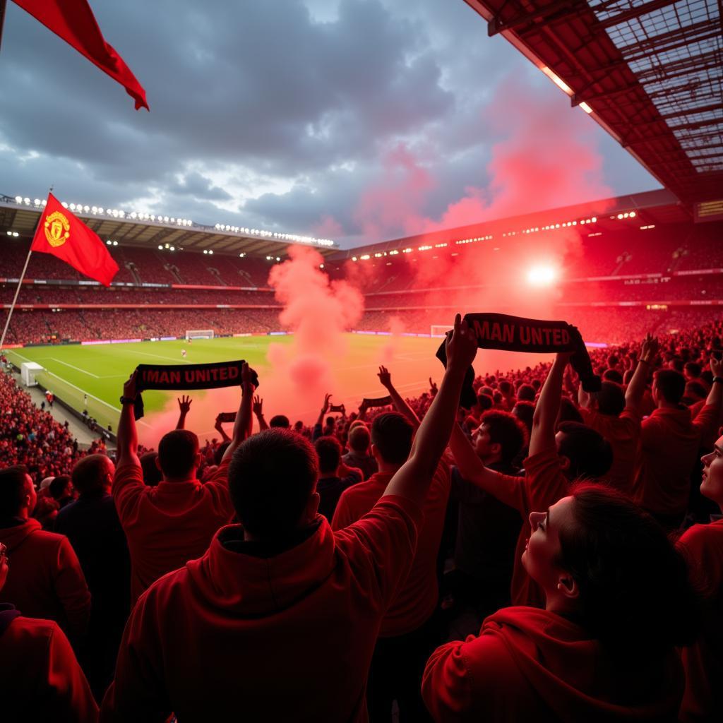 Man Utd fans celebrating a goal at Old Trafford