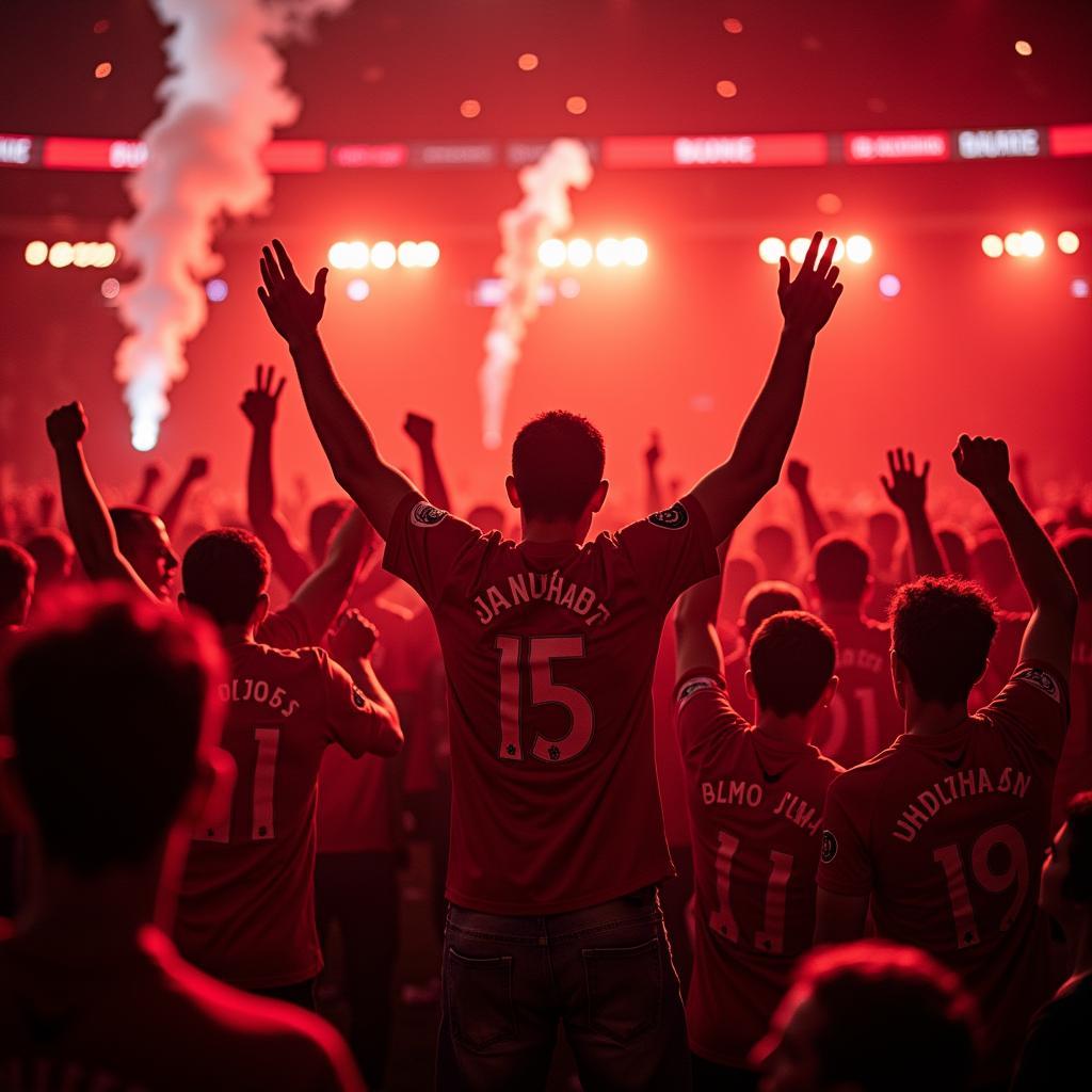 Manchester United fans celebrating a Premier League title win.