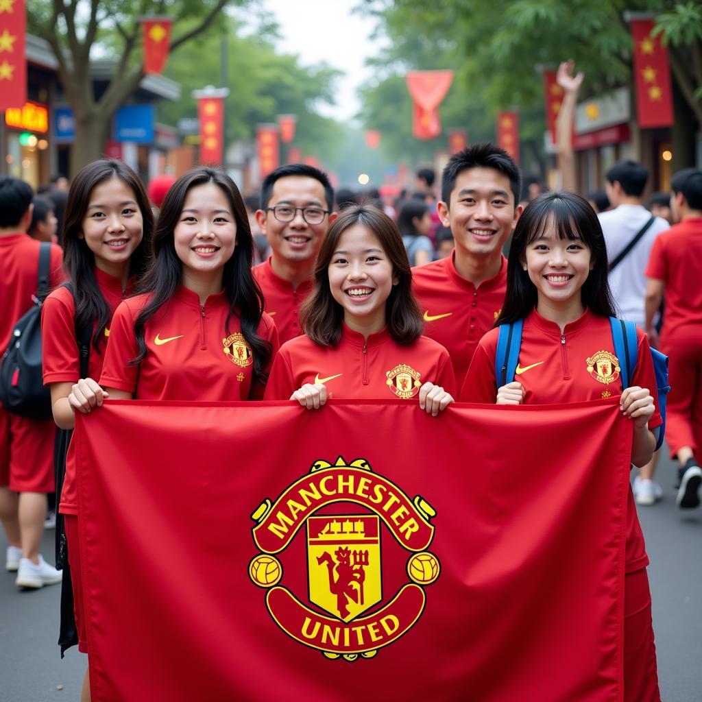 Vietnamese High School Students in Ao Dai Celebrating Manchester United Victory