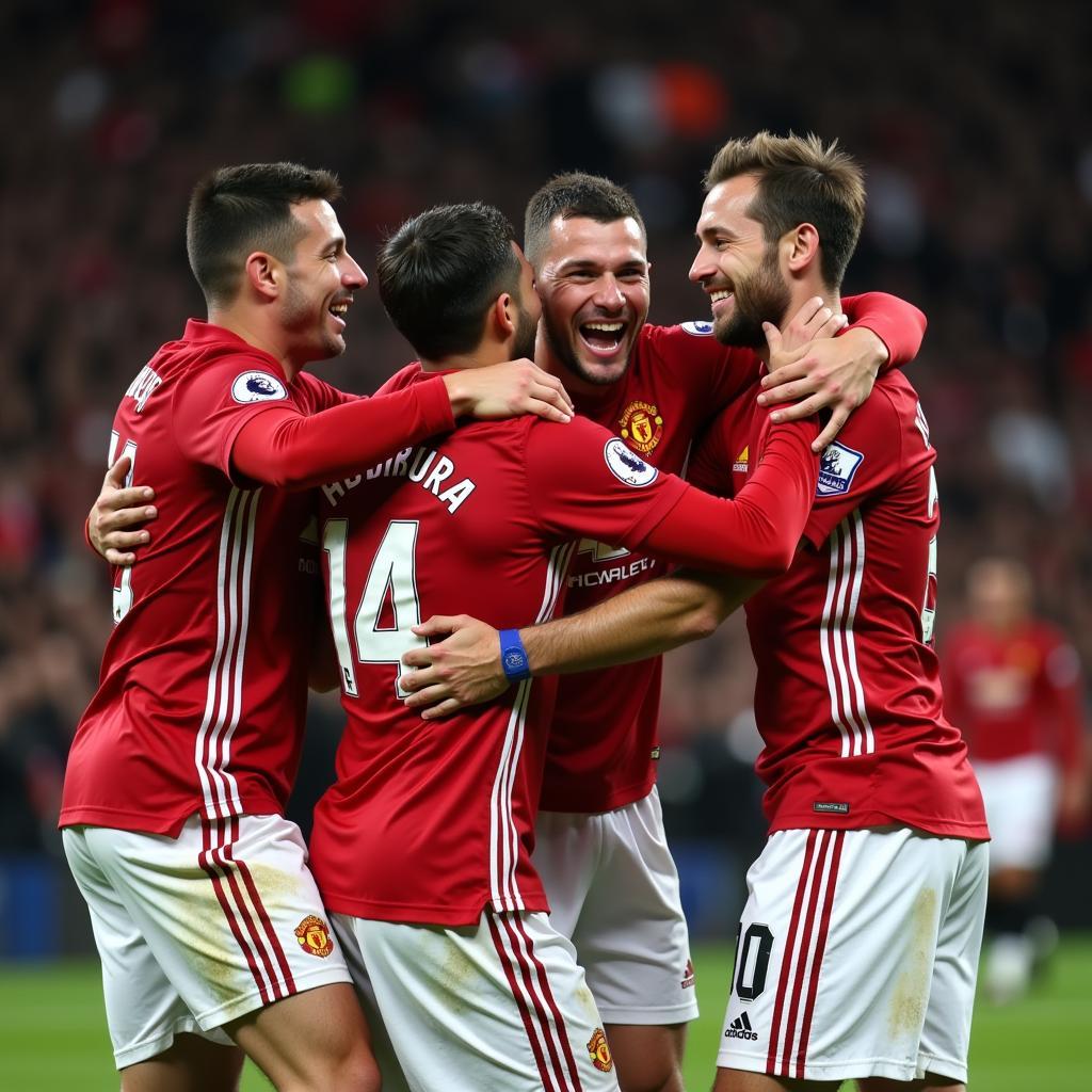 Manchester United players celebrating a goal