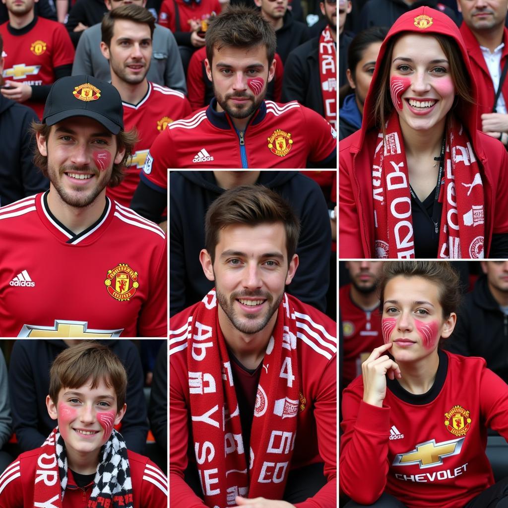 Manchester United fans wearing various club merchandise