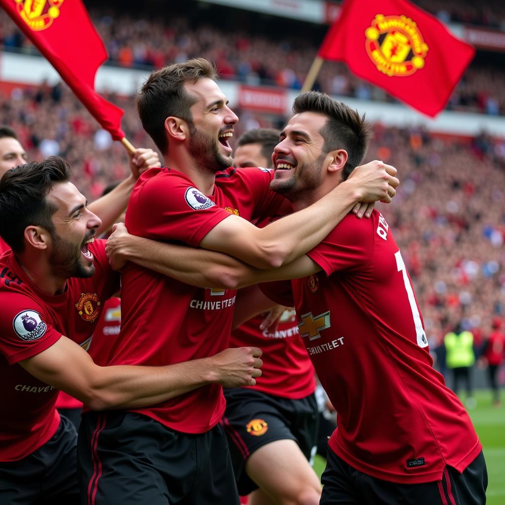 Manchester United Fans Celebrating a Goal: Jubilation and Camaraderie