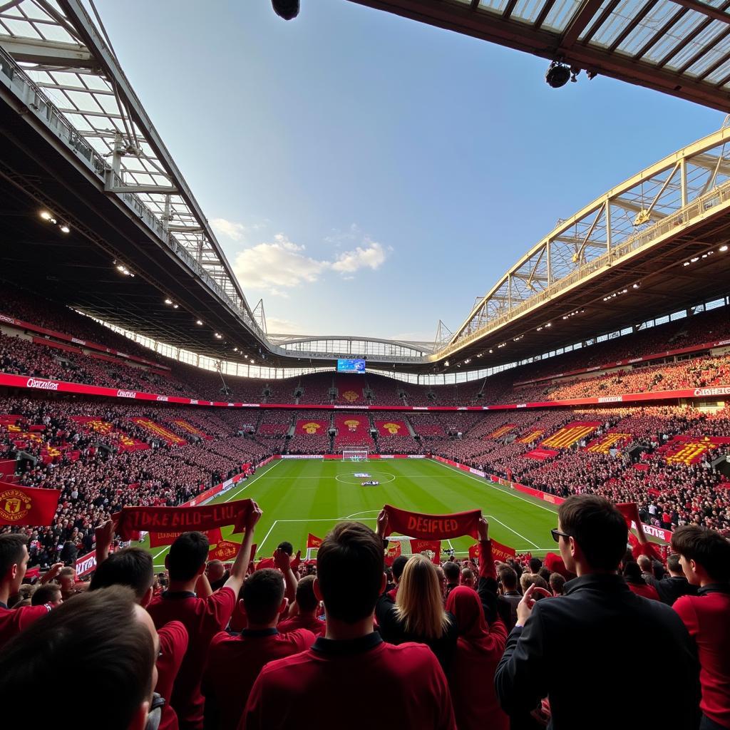 Manchester United fans cheering at Old Trafford stadium