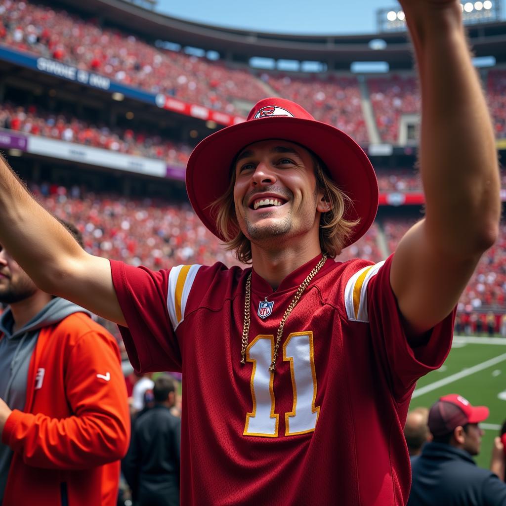 NFL fan showing team spirit with jersey and hat