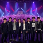 Nine Percent group photo with fans in the background during their live fan meeting 2