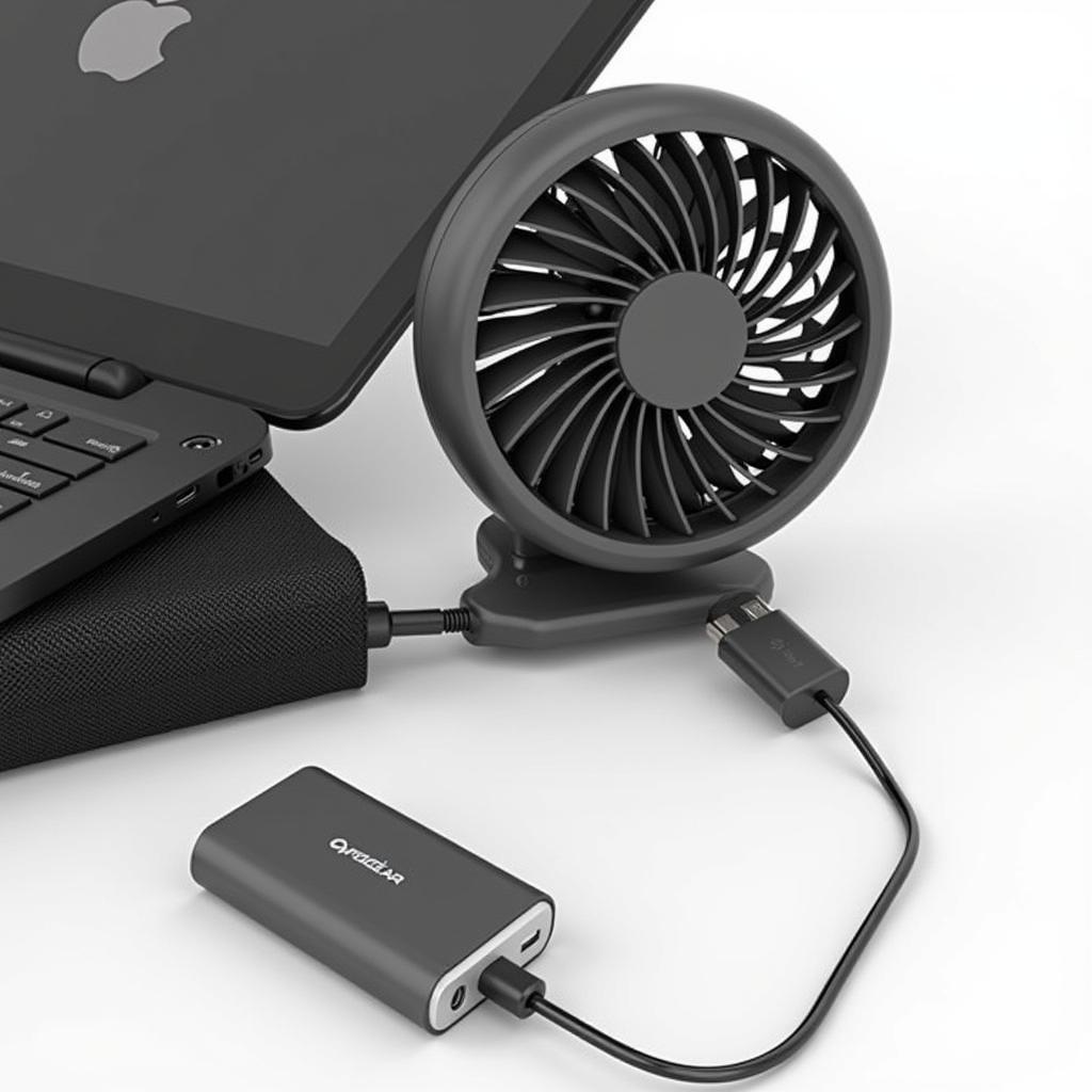 Opolar mini fan connected to a power bank charging via USB