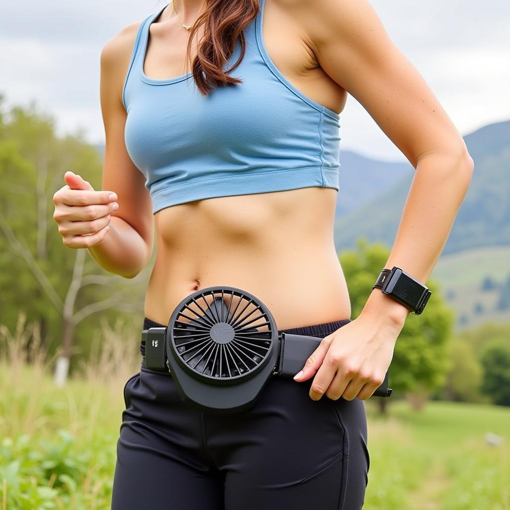 Woman wearing opolar mini fan clipped to waistband enjoying outdoor activities