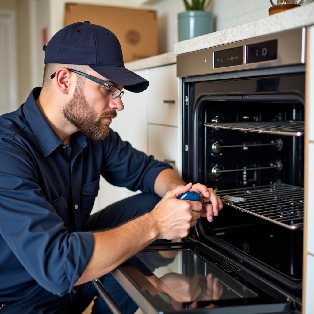 Technician repairing an oven fan