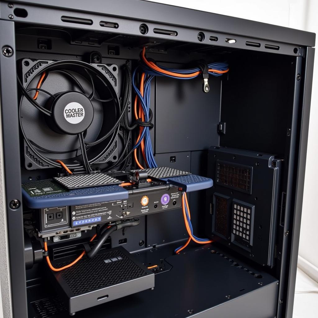 PC case with a Cooler Master fan hub installed, showcasing neat cable management