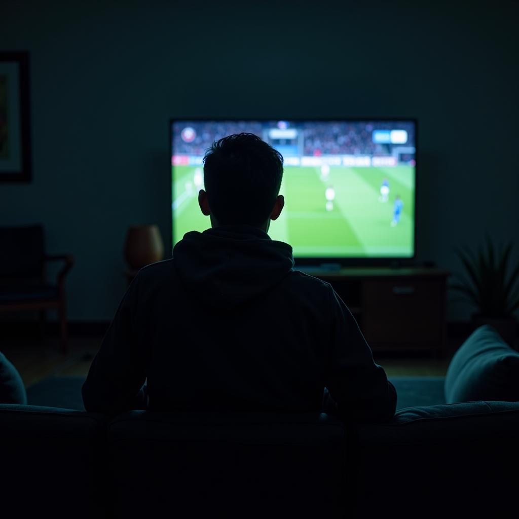 A solitary fan watches a football match with a pensive expression.