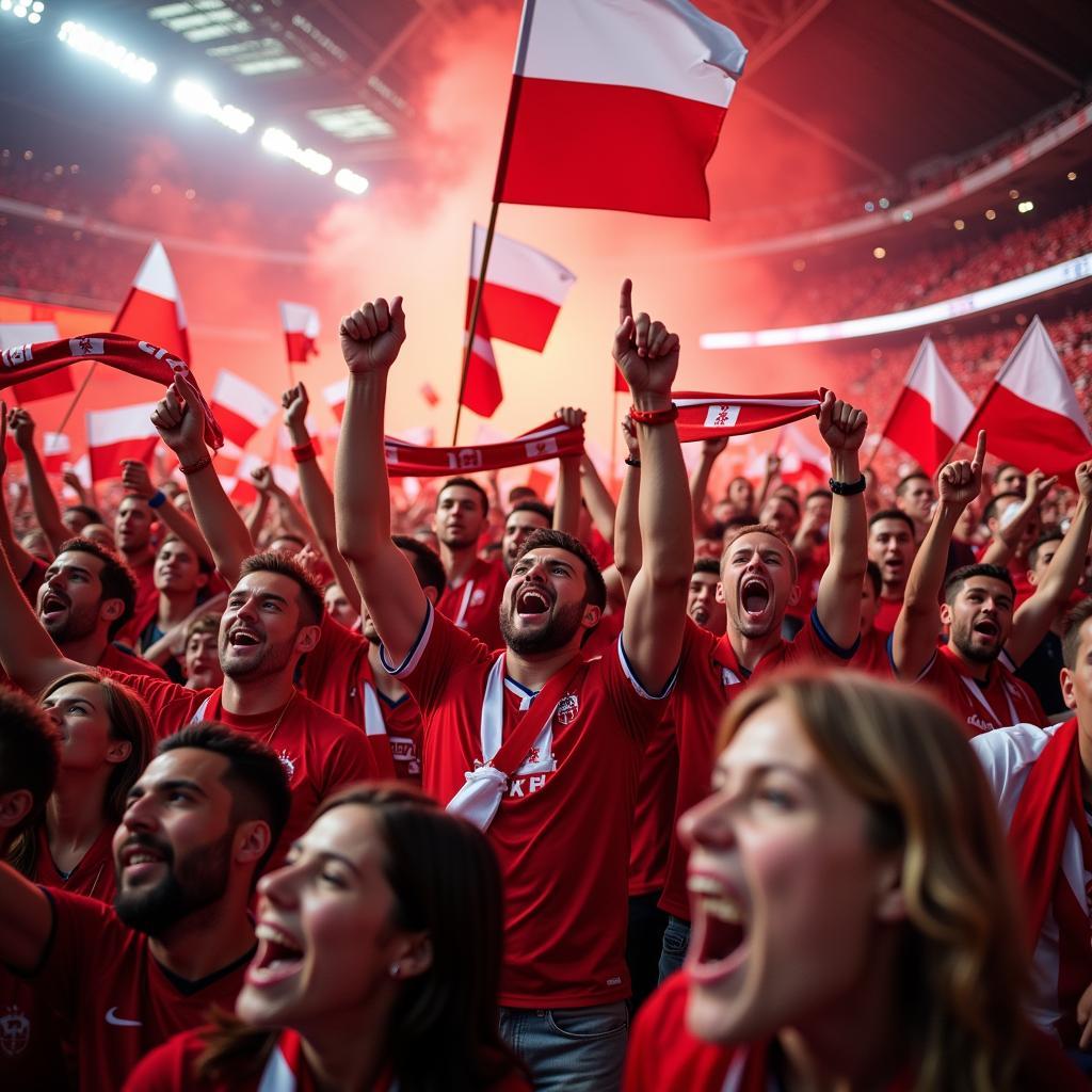 Polish football fans celebrating a victory