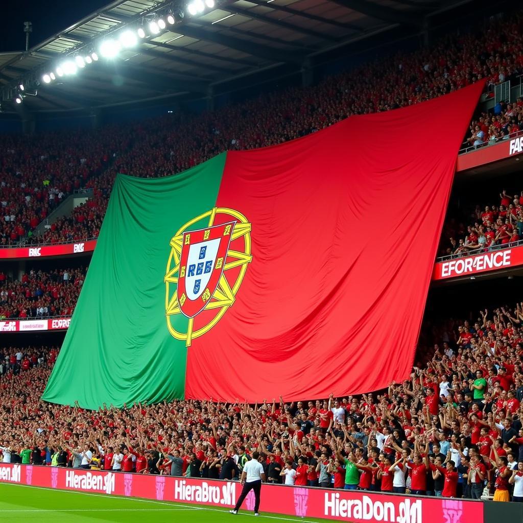 Portugal fans displaying a massive national flag in the stadium