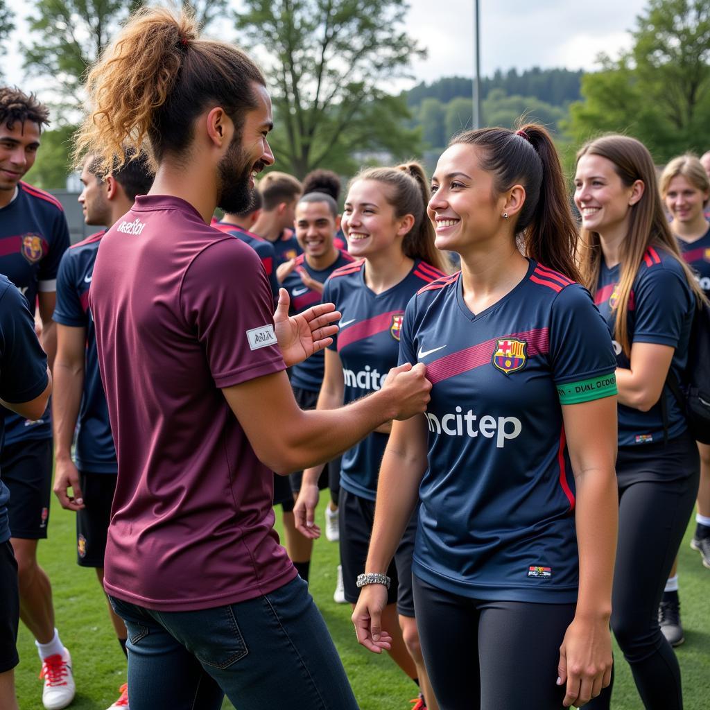 Positive interaction between football fans and players, showcasing a supportive atmosphere.