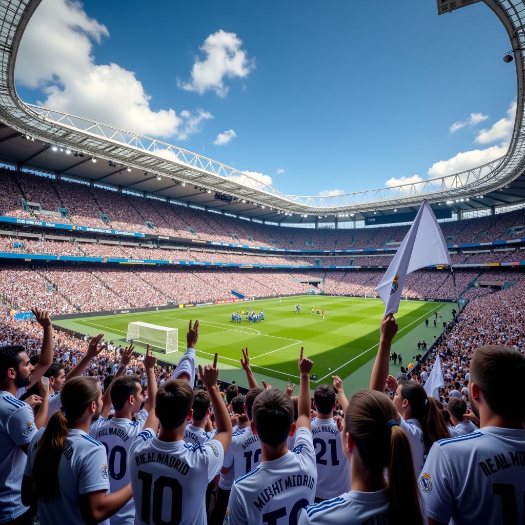 Real Madrid fans celebrating at the Santiago Bernabeu Stadium