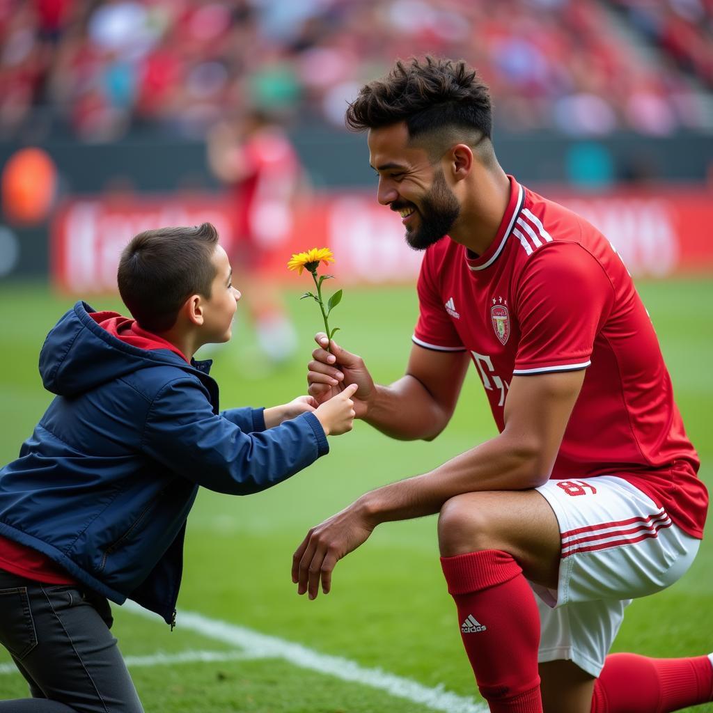 A Football Player Receiving a Flower From a Fan