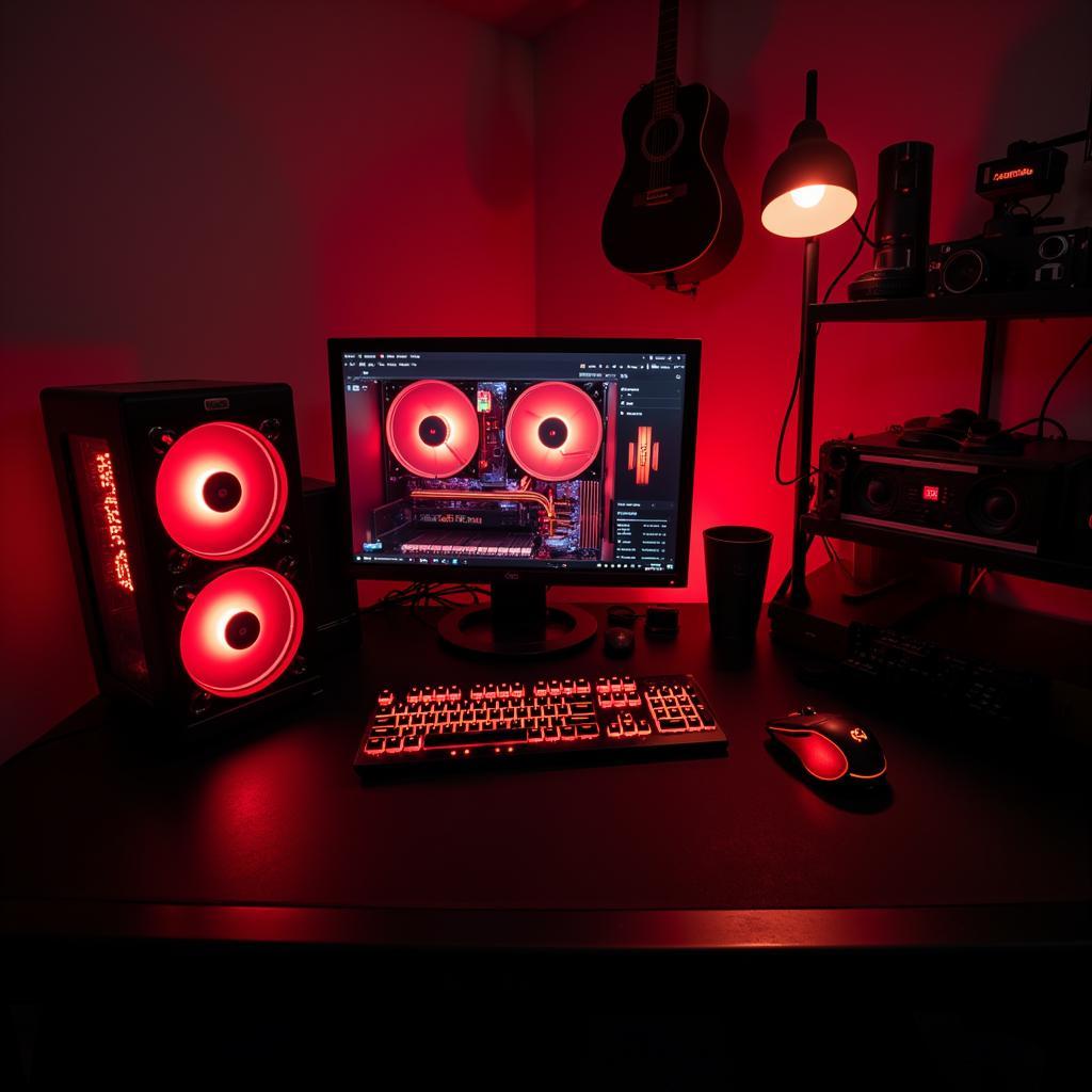 Complete Gaming Setup with Red LED Accents