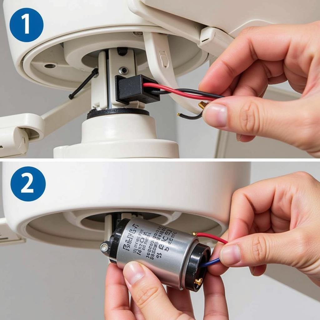 Replacing the capacitor in a ceiling fan can often resolve issues with the fan not starting or running at the correct speed. This image demonstrates the process of removing and installing a new capacitor.