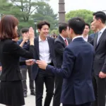 A fan respectfully interacting with Lee Jong Suk at the airport.