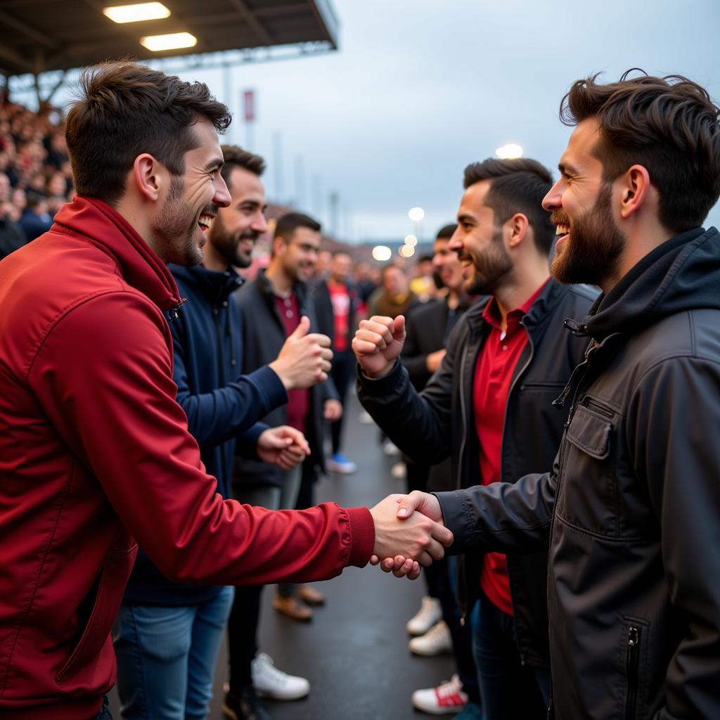 Respectful football fan environment: Image depicts fans of opposing teams interacting peacefully and enjoying the game together.