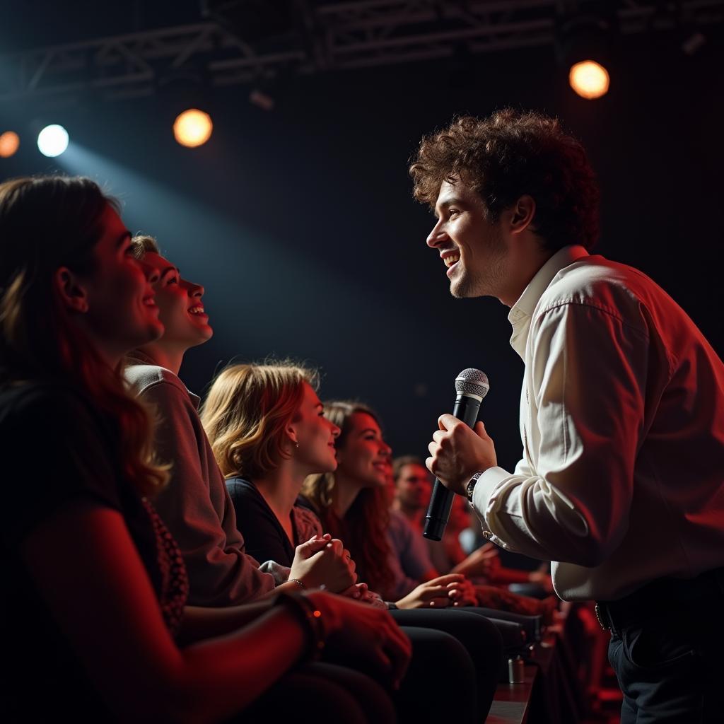 A singer on stage interacting with fans