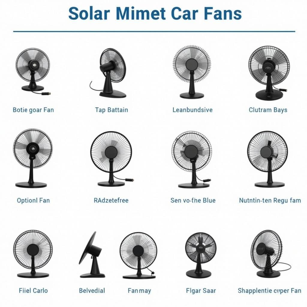 Different types of solar powered car fans for cars. Window mounted, dashboard mounted, and dual fan models.