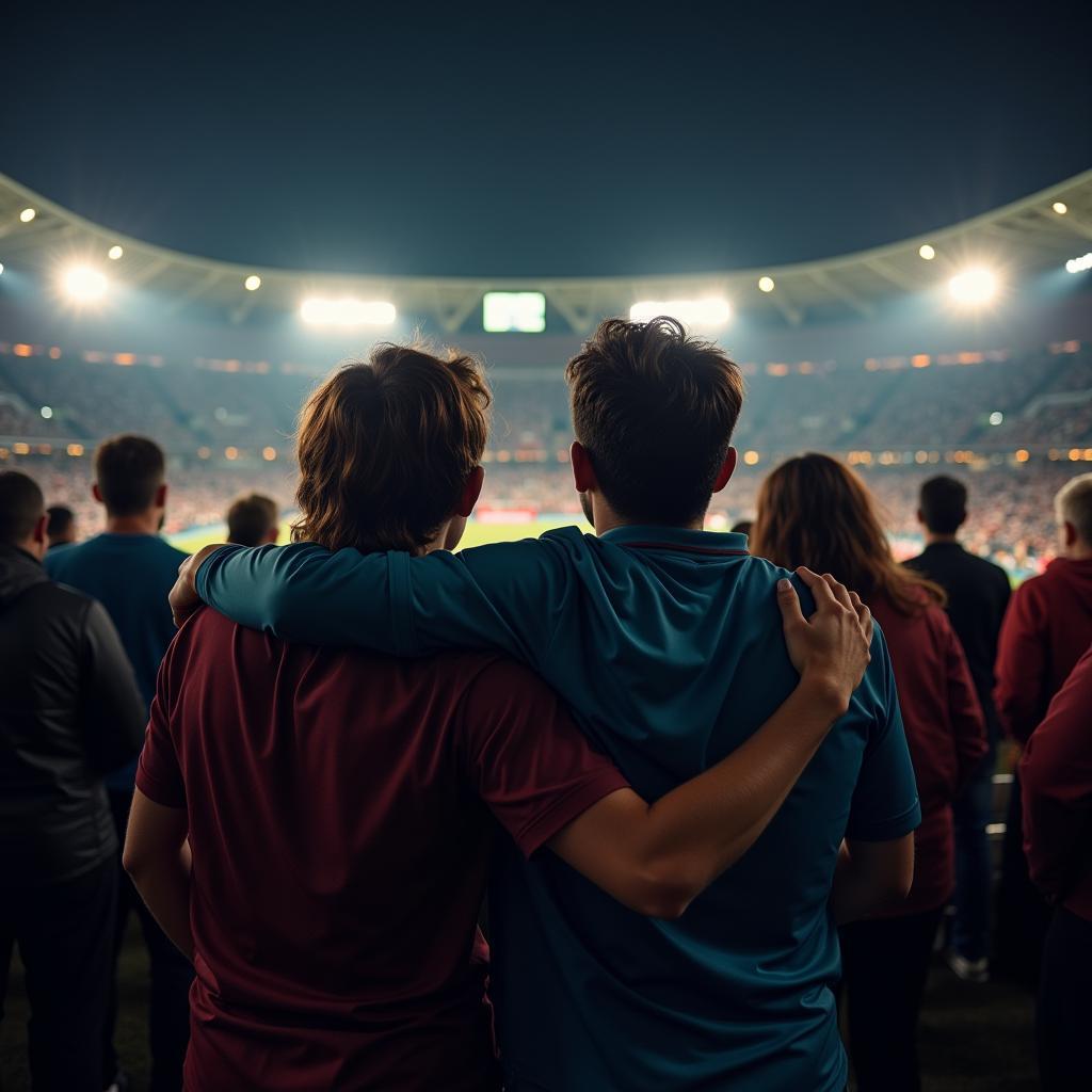 Fans consoling each other after their team loses a match.