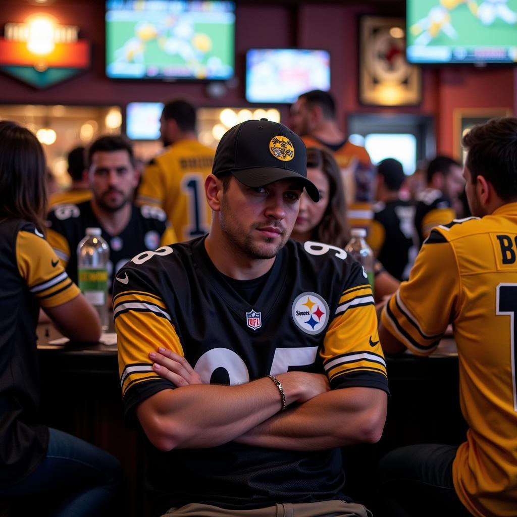 Steelers fan surrounded by rival fans in a sports bar