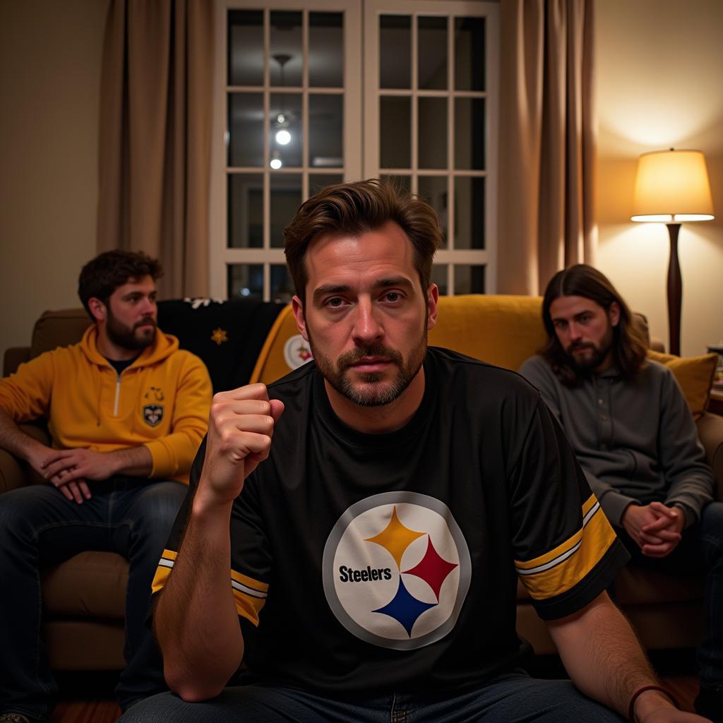 Steelers fan celebrating quietly in enemy territory