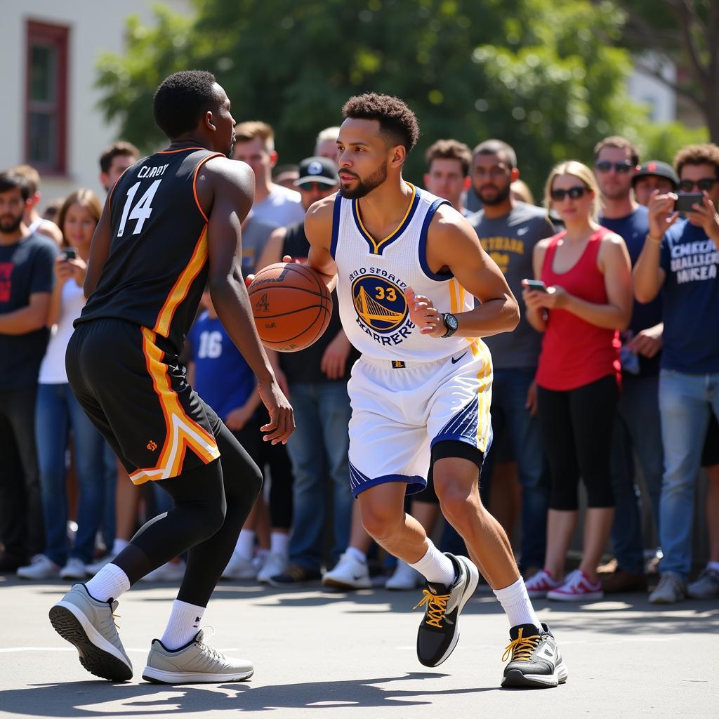 Stephen Curry playing street basketball with fans in Oakland