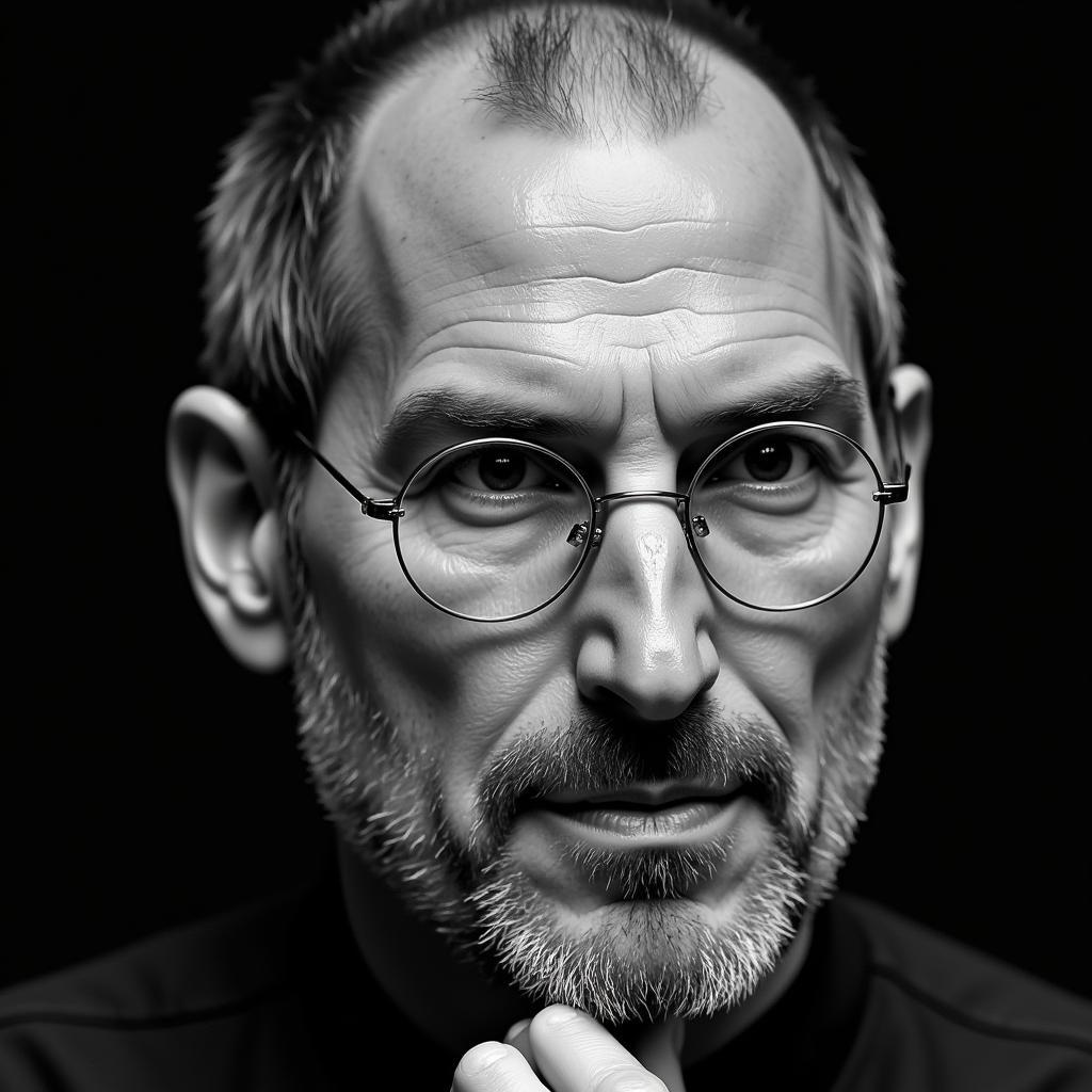 Portrait of Steve Jobs reflecting his visionary leadership.