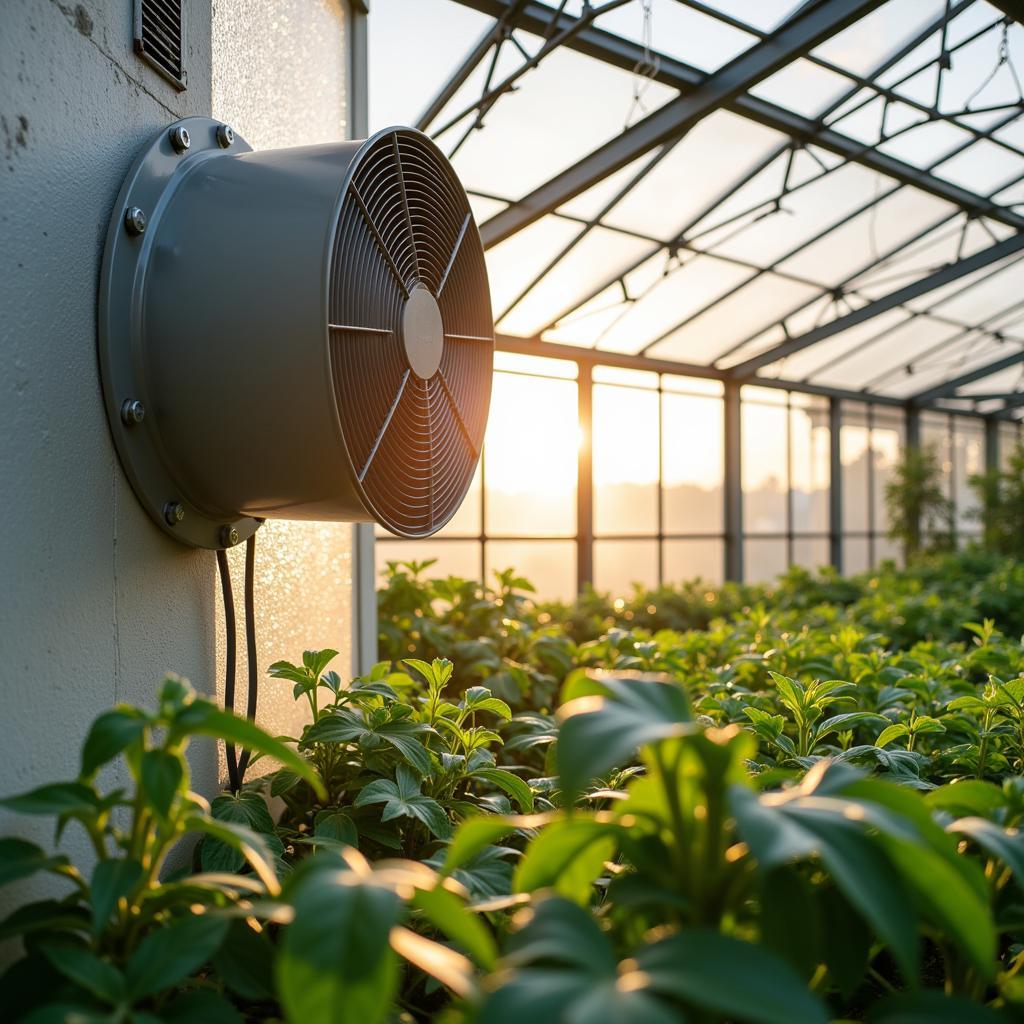 Suck fan venting hot air from a greenhouse