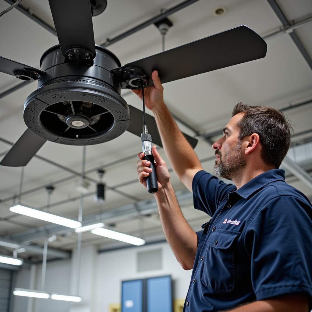 Technician Inspecting an Industrial Ceiling Fan