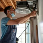 A technician installing a fan system in a Vietnamese home