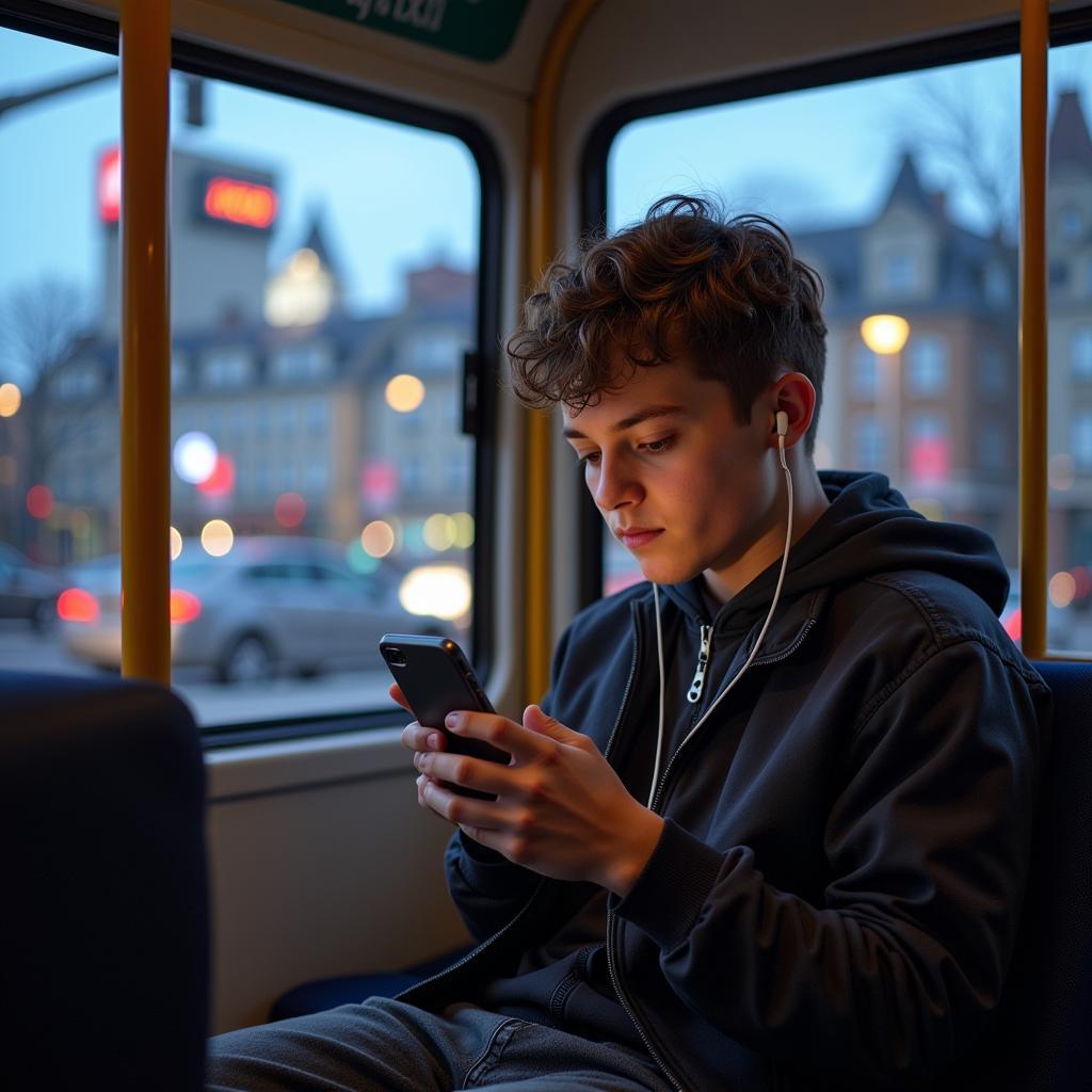 Teenager playing games on an iPhone while commuting