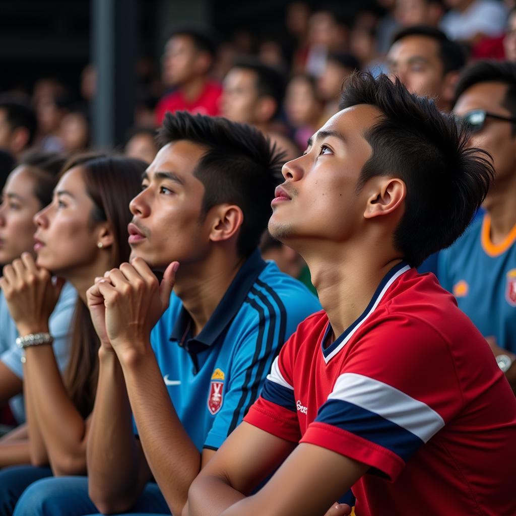 Thai football fans intently watching a match