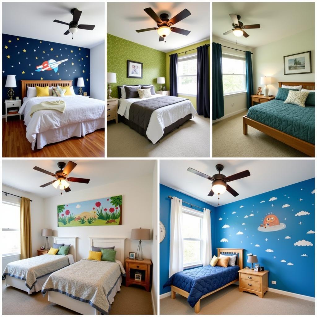 Kids' rooms with different themes enhanced by ceiling fans