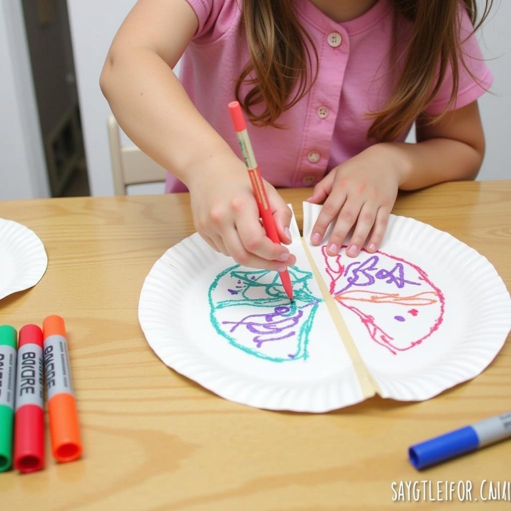 Toddler making a paper plate fan