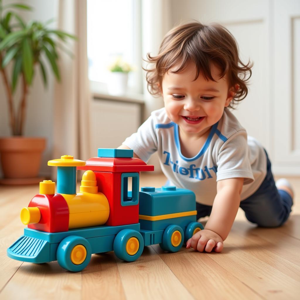 Toddler playing with a Duplo train fan