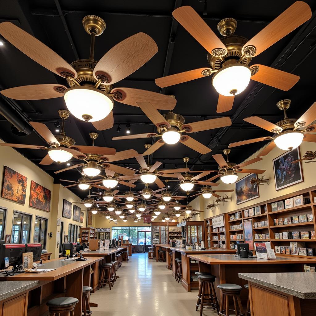 Various Ceiling Fans with Integrated Lighting on Display in a Store